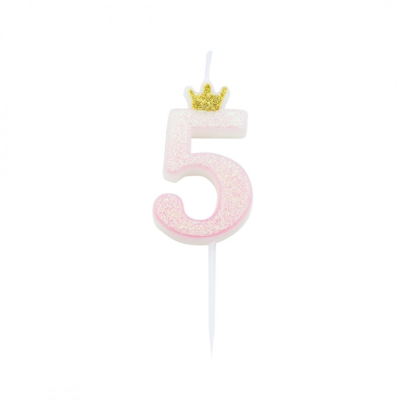 Torto žvakutė "5" / rožinė su karūnėle (1 vnt./ 5 cm) - 1